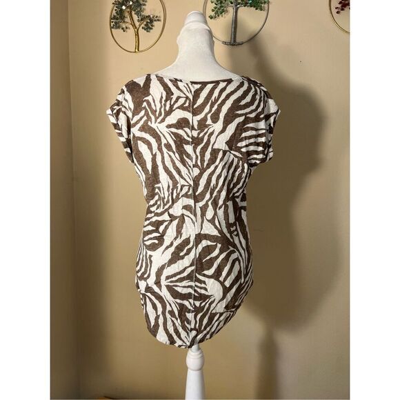 Ann Taylor Loft Brown White Abstract Zebra Pattern 100% Linen Short Sleeve Tee S - Picture 7 of 7